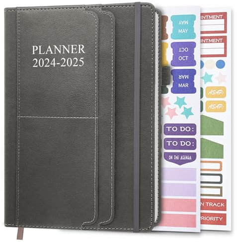 Planer 2024-2025 - 18 Monate (24. Juli - 25. Dezember) Akademischer Planer 14,7 x 21,6 cm, 2024-2025 Wochen- und Monatskalender mit Stifthalter, veganes Leder, Hardcover, Grau