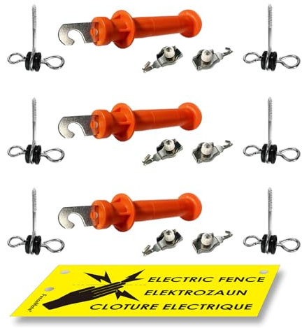 FenceMate 3 Packs Fence Gate Kit Containing Gate Anchors, Gate Handle, Wire/Rope Connectors, Warning Sign at Electric Fences or Wire Fence for Animal, Farm, Garden, Sport, Security