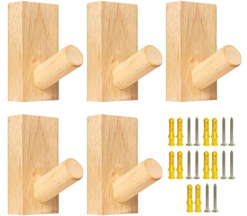 ZBHDEYG 5 Ganchos de Madera Montados en la Pared, Autoadhesivos, Perchas de Madera Maciza para Dormitorio y Sala de Estar