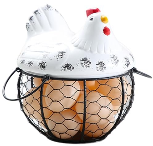 Chicken Egg Basket, Egg Basket for Gathering Fresh Eggs Holds 15 Eggs Rustic Cute Chicken Egg Basket with Lid and Handle Decorative Iron Multipurpose Egg Collecting Basket, White , Egg Basket for Ga