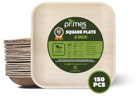 PRIMES ECO 8 INCH Disposable Palm Leaf Square Plates, Eco Friendly Biodegradable Compostable Dinner Plates, Microwave & Freezer Safe Party Plates for Picnic, Camping, Weddings & Events (150 PCS)