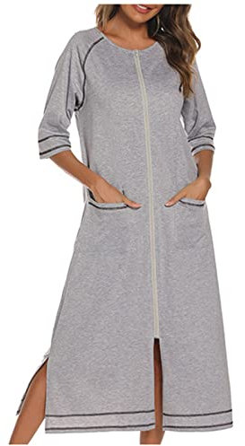 NSICBMNO Gray Zip Dressing Gowns For Women Uk Cotton Pyjamas Summer Bed Jackets Ladies Nightwear Long Bath Robes Short Sleeve Long House Coat With Full Zip Nightgonw With Pockets Bathrobe Homewear