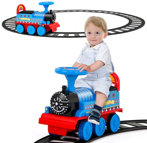 DREAMADE Elektro Zug zum Aufsitzen mit Gleis, 6V Kinder Elektroauto mit Musik & Licht, Kinderauto mit Stauraum, für Kinder ab 3 Jahren (Dunkelblau)