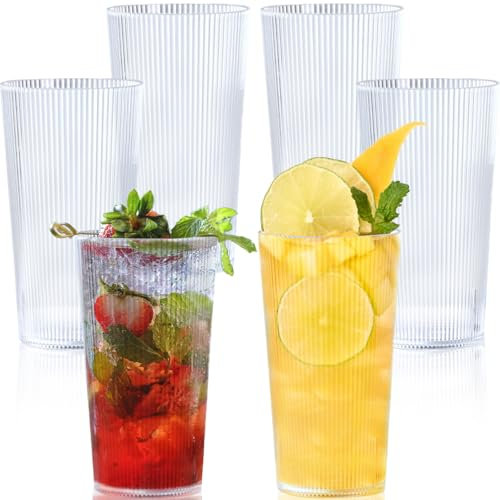 LOSYHU 500ml Clear Drinking Tumblers, 6pcs Plastic Glasses Tumblers Acrylic Drinking Glasses Unbreakable Plastic Tumblers with Stripe Design, Prenium Acrylic Cups for Indoors, Outdoors or Everyday Use