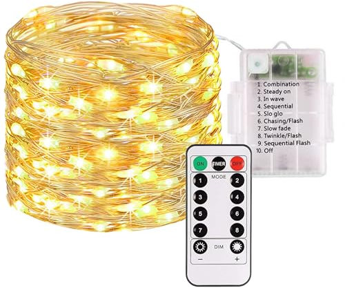 10M Battery Operated Fairy Lights with Remote Control, 8 Modes 100 Dimmable LEDs String Lights for Indoor & Outdoor, Garden, Patio, Bedroom, Helloween, Christmas Decor (Warm White)