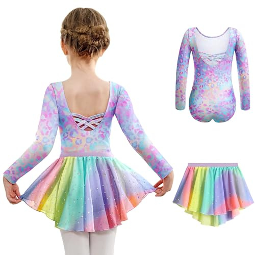 Arshiner Ballettkleidung Mädchen Rückenfrei Baumwolle Ballettkleid Balletttrikot Langzarm Tanzkleid Tanzbody mit Irregulär Chiffon Rock Tütü 2-10 Jahre