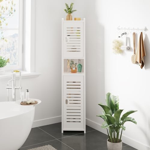 Dripex 7 Tier Bathroom Floor Cabinet, Slim White Storage Cabinet with Door, Narrow Free Standing Cupboards Adjustable Shelves for Bathroom, Bedroom or Balcony (Door Style 1)