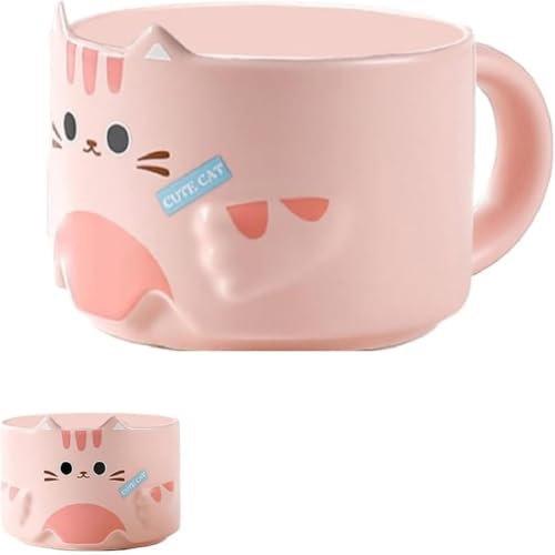 Huiyiwert Cute Cat Coffee Mug 300 ml Porcelain Mug Stackable Tea Cup Cute Cat Cup Ceramic Coffee Mug Gift for Anniversary Engagement Valentine's Day Birthday (Pink)