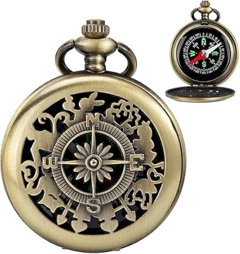 JINJUMEI Brújula de Bolsillo Retro en Metal - Náutica Antigua Con Concha, Luminosa y Reloj de Bolsillo para Navegación, Acampada, Senderismo, Camping y Caza