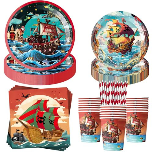 Aitsite 100 Stück Piratenschiff Partygeschirr Set, Pirat Partyteller Geburtstag für 20 Gäste, Schatzkarte Geburtstag Geschirr, Piratenschiff Party Deko Set, Kindergeburtstag Teller Becher Servietten