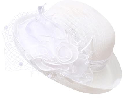 TINAYAUE Chapeau de soleil d'été élégant pour femme avec voile vintage - Chapeau de plage respirant - Belle princesse - Avec fleurs - Pour vacances, église, mariages, goûters, Blanc., 58-60
