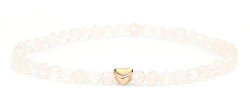 Bracelet en quartz rose véritable pierre précieuse avec perles à facettes de 4mm et cœur en acier inoxydable- différentes longueurs - bracelet en pierres précieuses porte-bonheur talisman cadeau