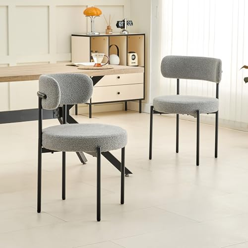 Set of 2 Dining Chairs with Soft Teddy Fabric, Ergonomic Curved Backrest & Cushioned Seat – Metal Legs & Hidden Screws – Ideal for Kitchen, Living Room, or Study (2, Light Grey)