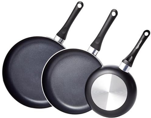 Amazon Basics 3-teiliges Keramik-Antihaft-Pfannen-Set, 20,3cm, 25,4cm und 30,5cm, Spiralboden, Weiche Griffe, für Gas-, Elektro- und Glasherde, Schwarz