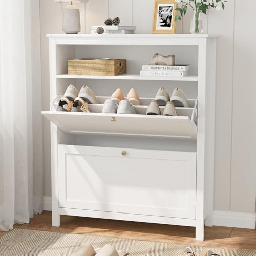 VOWNER Länge 90 cm Schuhschrank mit 2 Klappen, Schuhregal Schuhkipper Schmal, mit 4 Fächern, Schuhschrank Weiss, Verstellbar, mit Fächeraufbewahrung, für Eingangsbereich, 90 x 30 x 108 cm