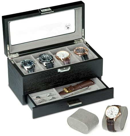 Slege Uhrenbox aus Holz 4 Schlitzen mit Schublade,Uhrenetui Herren,Handgefertigt Uhrenkasten Glasdeckel,Uhrenaufbewahrung für Uhren,Uhrengehäuse-Organizer,Uhrenbox-Organizer für Damen und Herren