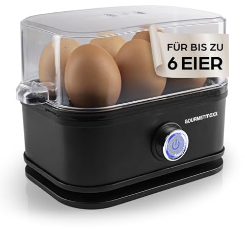 GOURMETmaxx Eierkocher für 6 Eier | Egg Boiler mit Eierstecher im Messbecher | Egg Cooker mit 3 Härtegraden – für jeden Eierbecher das Passende | Design Eierkocher Schwarz - spülmaschinenfeste Teile