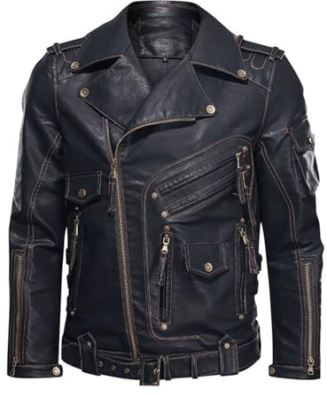 Giacca da uomo in pelle vintage, da moto, con molti risvolti, oversize, per attività all'aria aperta, protezione dal vento, per il tempo libero, per la vita quotidiana e il lavoro