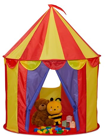 Relaxdays Spielzelt Zirkus, für Kinder, Zirkusspielzelt Indoor, HD: 125 x 95 cm, Kinderzelt mit Vorhängen, faltbar, bunt