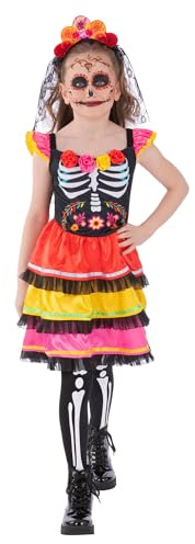 Smiffys Girls Day of the Dead Costume Colourful Skeleton Dress and Floral Headband Mexican Halloween Fancy Dress for Children Trick or Treat Carnival and Festival Outfits