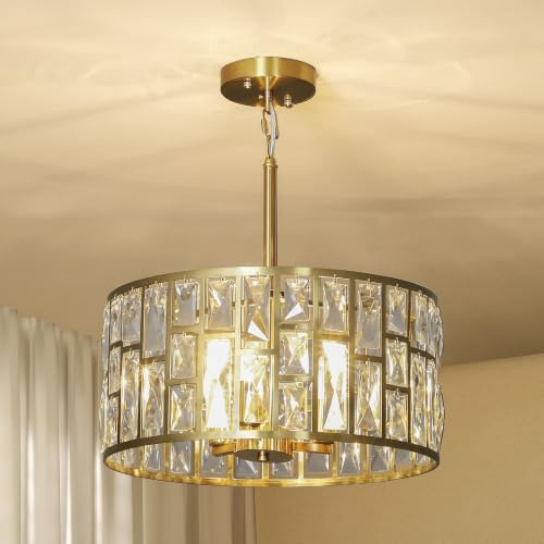 HOMCOM Crystal Chandelier Adjustable Height 3-Light E14 Base Gold Tone | Modern Flush Mount Ceiling Light, Hanging Chandelier, for Living Room, Bedroom, Dining Room, Bulb Not Included