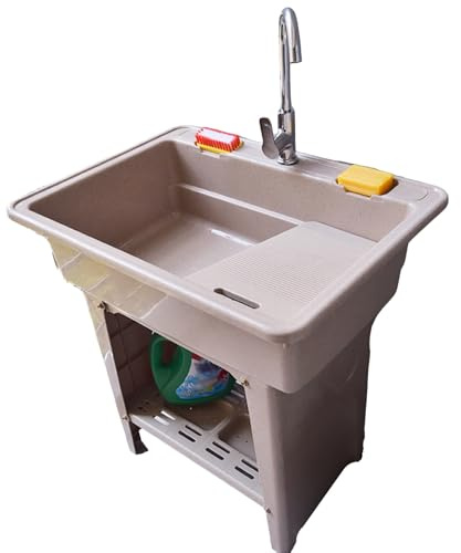 Waschtisch mit Waschbrett und Wasserhahn, freistehend, tragbar, Waschstation, tiefes Waschbecken, Waschstation für Küche, Garage, Balkon, verstellbare Füße, ideal für Zuhause und Außenbereich