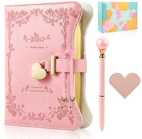 twirush Diary with Lock for Girls and Women, Lockable Kids Diary, A5 PU Leather Notebook, 360 Pages Journal with Lock, Keys, Pen and Gift box, lockable Secret Diaryfor Girls Ages 8-14(Pink)