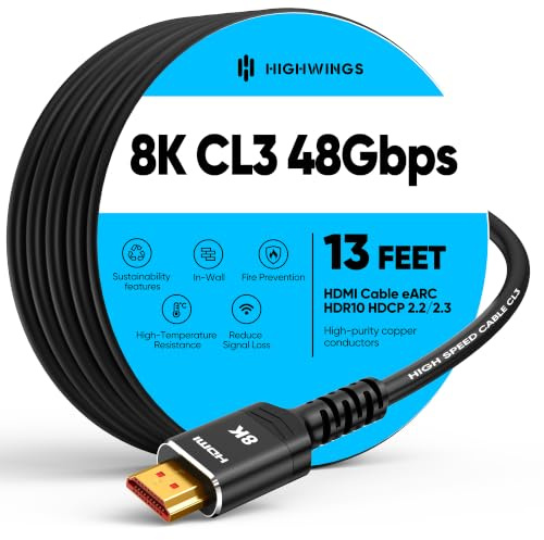 Highwings 10K 8K Long HDMI Cable 4M/13FT,CL3 Rated, Ultra High Speed | In-Wall CL3 Rated, 8K@60Hz 4K@120Hz Video, 48Gbps, HDMI Lead eARC HDR10 HDCP 2.2/2.3, Compatible Laptop/PC/HDTV/Projectors