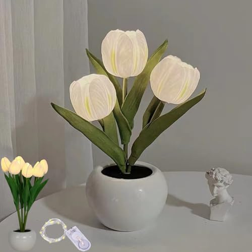 Qosneoun Tulip Dreamlight Tischleuchte, LED-Tulpen-Nachtlicht-Blumen-Tischlampe, Artificial Tulip Table Lamp, Ceramic and PU, Vielseitiges und romantisches Geschenk (Weiß)