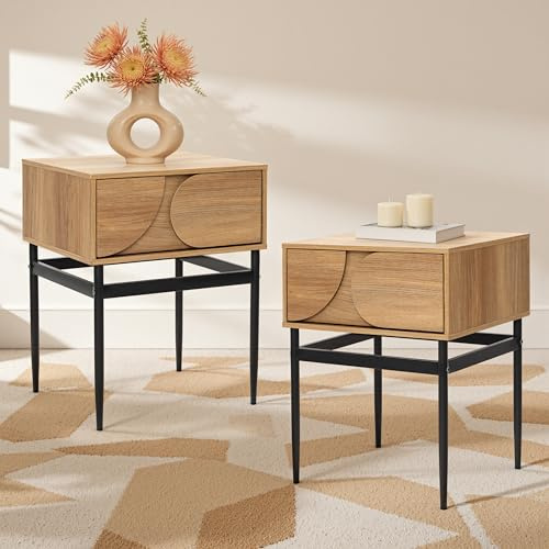Hometopia 2er Set Nachttisch Holz, Moderner Nachtschrank mit Schublade & Metallbeinen, Nightstand für Schlafzimmer, 48 × 39 × 58 cm