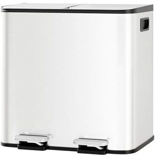 Garvee Cubo de Basura Doble de Acero Inoxidable con Pedal 2x15L – Cierre Suave y Silencioso para Cocinas Pequeñas Reciclaje, Blanco