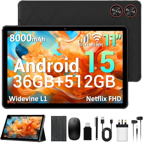 Android 15 Tablet 11 Inch with Gemini AI, 36GB+512GB (TF 1TB), 2000 * 1200 IPS, 4G LTE & 5G WiFi, Octa-Core, 8000mAh, 13MP+8MP, Widevine L1, OTG, GPS, Tablet with Keyboard/Pen/Mouse/Case - Black