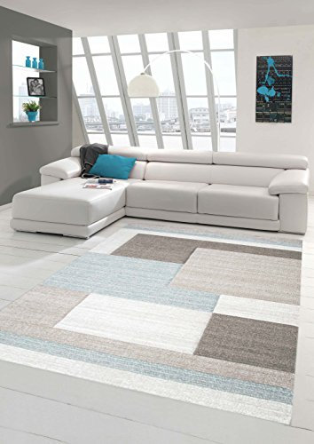 Traum Designerteppich Moderner Wohnzimmerteppich Kurzflor Mit Konturenschnitt Karo Muster Pastellfarben Grau Beige Blau, Größe 200x290 cm