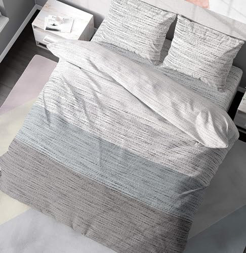 DILIOS Premium Bettwäsche 200 x 200 cm, 100% Atmungsaktive Baumwolle mit Reißverschluss, Renforcé, Grau, Hellblau, 3-teilig Bettbezug 200x200 cm und 2 Kissenbezug 80x80 cm