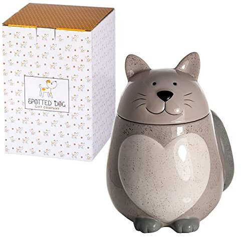 SPOTTED DOG GIFT COMPANY - Keramik-Vorratsdose in Katzen-Form - mit Deckel und Herz-Motiv - luftdichter Aufbewahrungsbehälter für die Küche - Geschenkidee für Katzenliebhaber und Katzenfreunde - Grau