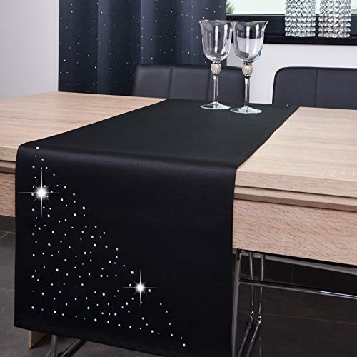 DECOOR - schmutzabweisendes Tischläufern, 40 x 140 cm, Schwarz, veredelt mit einem ästhetischen Rückseite auf 1 cm, verziert mit Kristallen, Gewebe 200 g/m², 100% Polyester, hergestellt in der EU