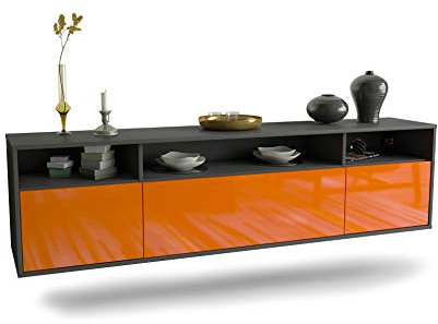 Lowboard Durham hängend (180x49x35cm) Korpus anthrazit matt - Front Hochglanz Orange - Push to Open