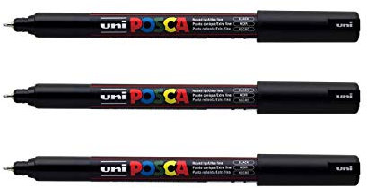 POSCA - Uni Mitsubishi Pencil - 3 Marqueurs Noir PC1MR Pointe Extra Fine Calibrée 0,7 mm - Marqueur Peinture À Base d'Eau - Tout Support, Papier, Textile, Verre, Galet, Métal