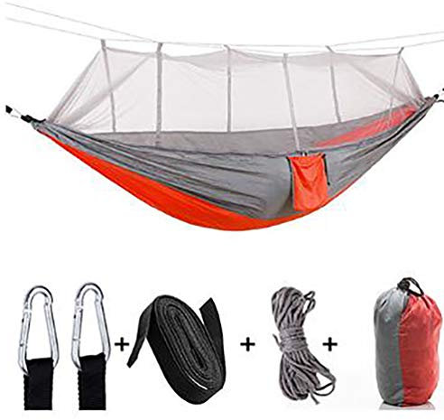 Ultraleichte Hängematte mit Moskitonetz Atmungsaktiv Tragbar Draussen Reise Camping Wandern Hammock (Grau Orange | Graues Netz, 260 * 140cm)
