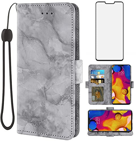 Asuwish Kompatibel mit LG V40 ThinQ Hülle und gehärtetem Glas Displayschutzfolie Kartenhalter Slot Kickstand Flip Marmor Wallet Handyhülle für LGV40 Storm V 40 Thin Q V40ThinQ LG40 40V 40ThinQ Schwarz
