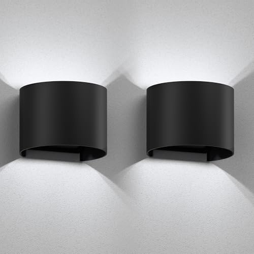 ledscom.de 2 Stück Wandleuchte RUNEL für außen, schwarz, IP65, Up & Downlight + LED Lampe 596lm, weiß