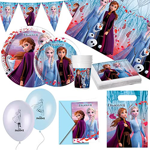 Disney Frozen Pack de Fiesta decoración Frozen, 64 Piezas (Vasos, Platos, servilletas, Mantel, Globos, invitación), 8 comensales, Vajilla Infantil desechable (71996)