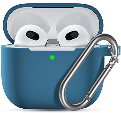 Ouwegaga Cover per Airpods 3, Silicone Custodia per Airpods Terza Generazione 2021, Protezione Completa del Corpo Cover Compatìbile con Apple Airpods 3 Case, con Moschettone,Mare Blu