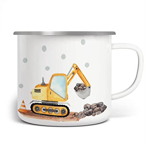 MIKALINO Emaille Tasse Jungs - Trinkbecher Kinder - Emaille Becher mit Bagger-Motiv - Kindertasse mit Baggermaschine - Kindertasse bedruckt mit Bagger - Emaille Becher Weiß
