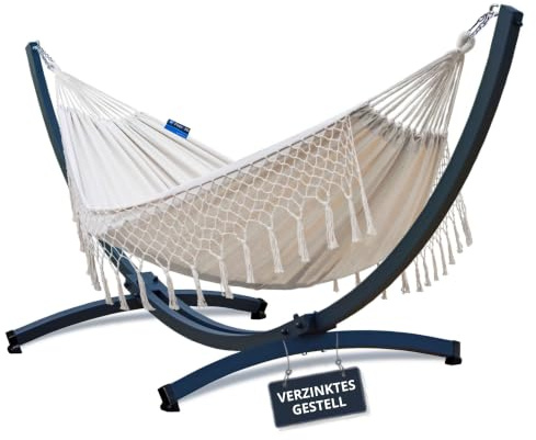 Potenza Outdoor Hängematte mit Gestell Metall für 2 Personen I Baumwolle Doppelhängematte XXL 220x160, 200kg I Tytan Hängemattengestell 350 kg, wetterfest (Verzinktes Gestell Graphit, Santia-Ecru)