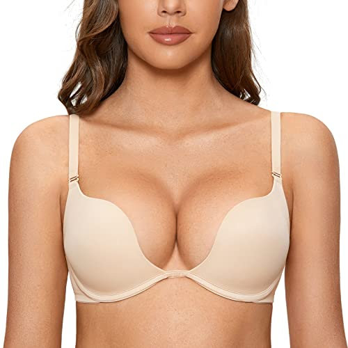 DOBREVA Damen mit Bügel Deep U Push Up Plunge BH Sexy Gepolstert Tshirt Beige 75B