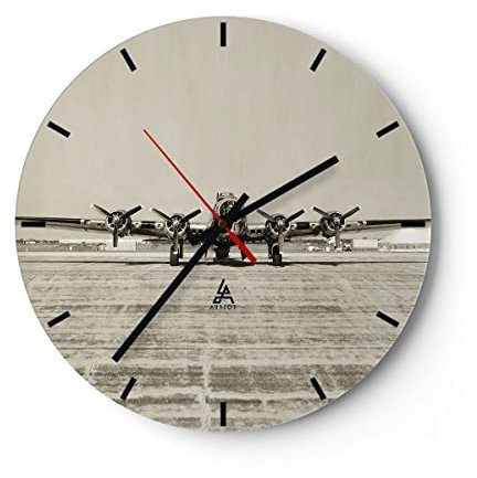Modern Wanduhr Flugzeug alt Bomber 40x40cm Rund Groß Wand Uhr Glas Analog Zimmeruhren Küche Büro Wohnzimmer Glasuhr Wall Clock Dekoration Design Wanddekoration Küchenuhr C3AR40x40-4184