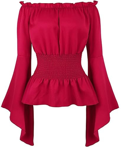 Hengzhifeng Steampunk Renaissance Blouse Women Long Sleeve Boho Off Shoulder Peasant Shirt (UK 12-14,Wine Red)