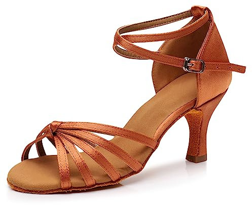 Padgene Donne Suola Morbida Raso Tacco Alto Scarpe da Ballo Jazz/Latino/Logo Nazionale/Rumba/Tea, M - Marrone - 5cm, 36 EU