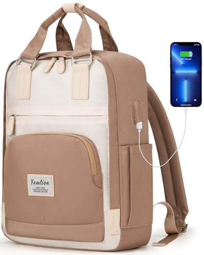 YAMTION Schulrucksack Mädchen Teenager 15,6 Zoll,Rucksack Laptop Damen Schulranzen Frauen mit Laptoptasche und USB,für Schule Uni Reise Arbeit Büro, Beige